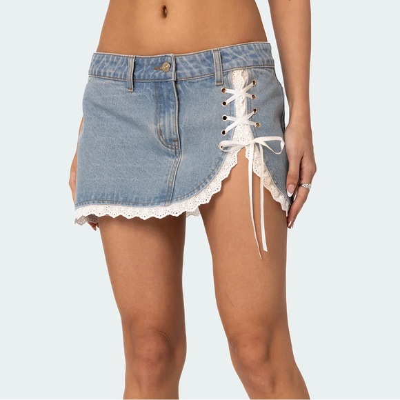 Edikted Dresses & Skirts - Edikted Blue Washed Denim Mini Skirt with Lace-Up Detail